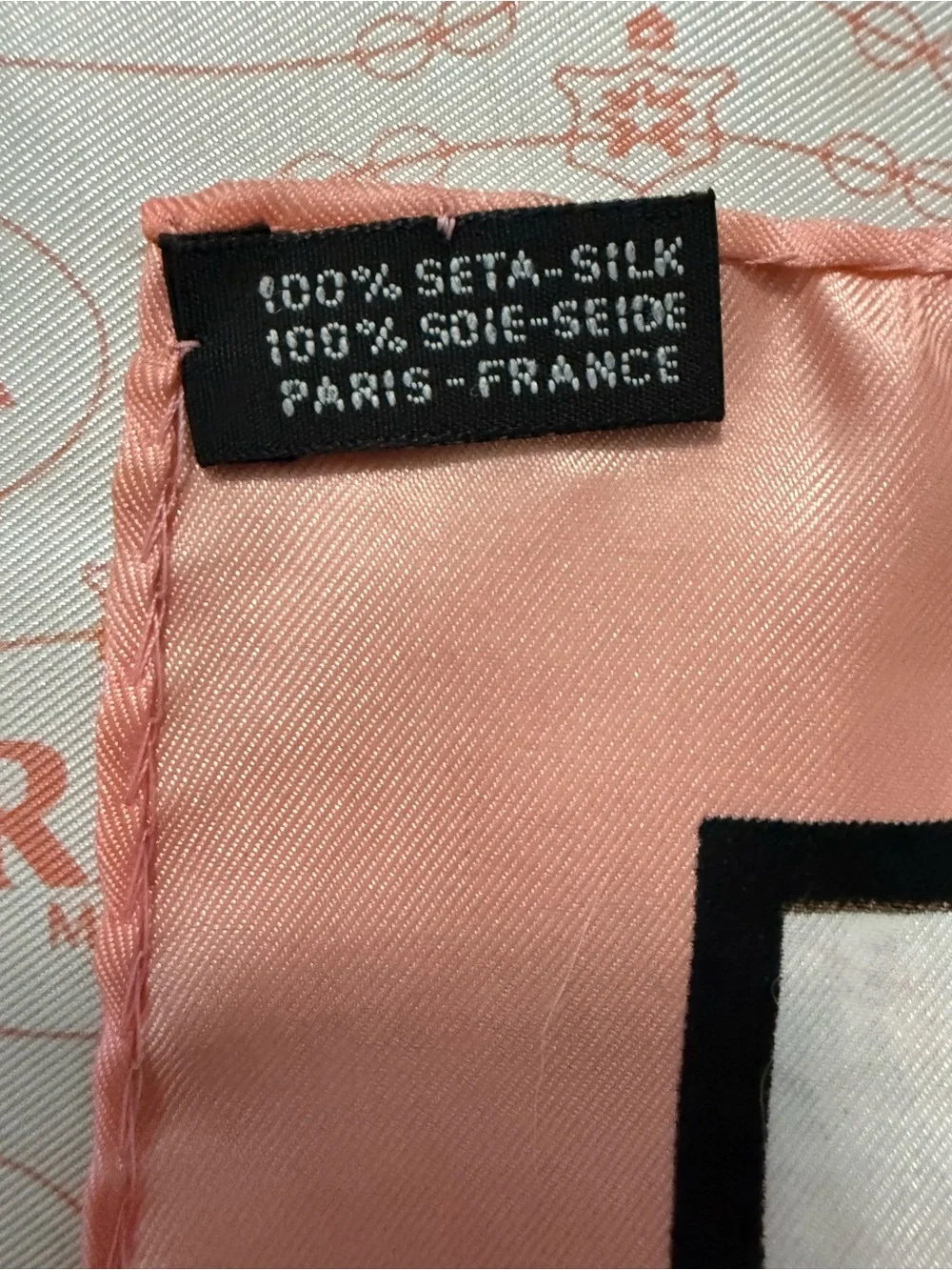 Prada Vintage White Silk Scarf with Pink Logo Repeat and Black Emblem